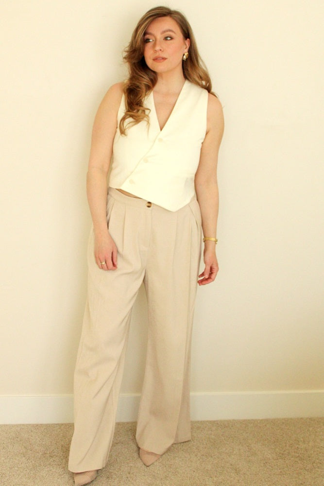 Beige Pintuck Wide Leg Pants