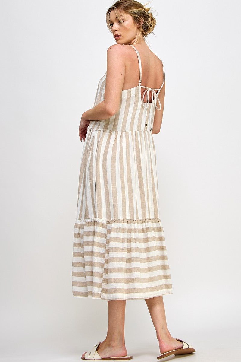 White Taupe Stripe Midi Dress