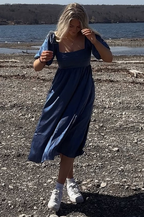 Blue Satin Pleated Bodice Puff Sleeve Midi Dress