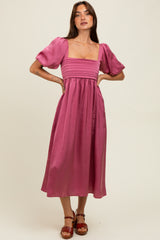 Mauve Satin Pleated Bodice Puff Sleeve Midi Dress