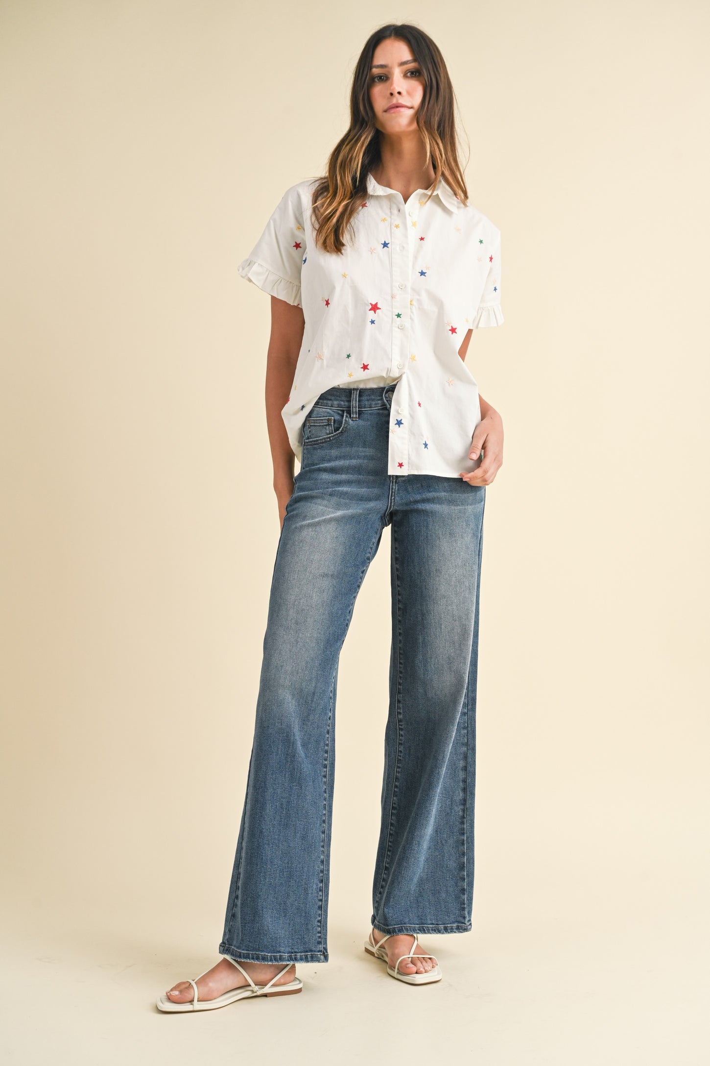 Ivory Star Embroidered Ruffle Detail Shirts