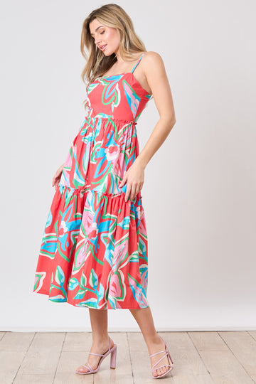 Red Multi Floral Print Tiered Midi Dress