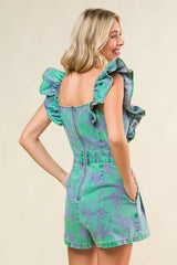 Blue Green Floral Leaf Print Romper