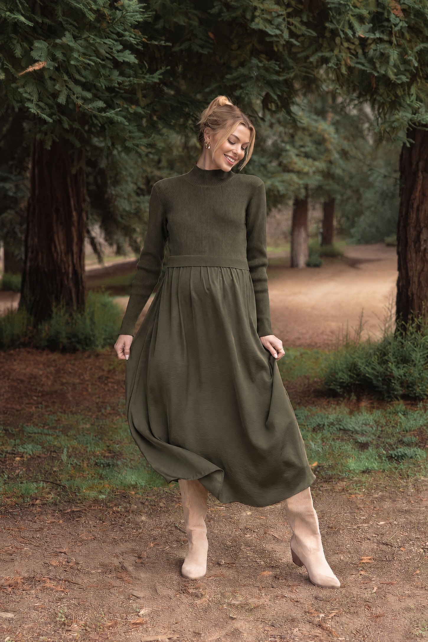 Olive Knit Contrast Top Satin Maternity Midi Dress