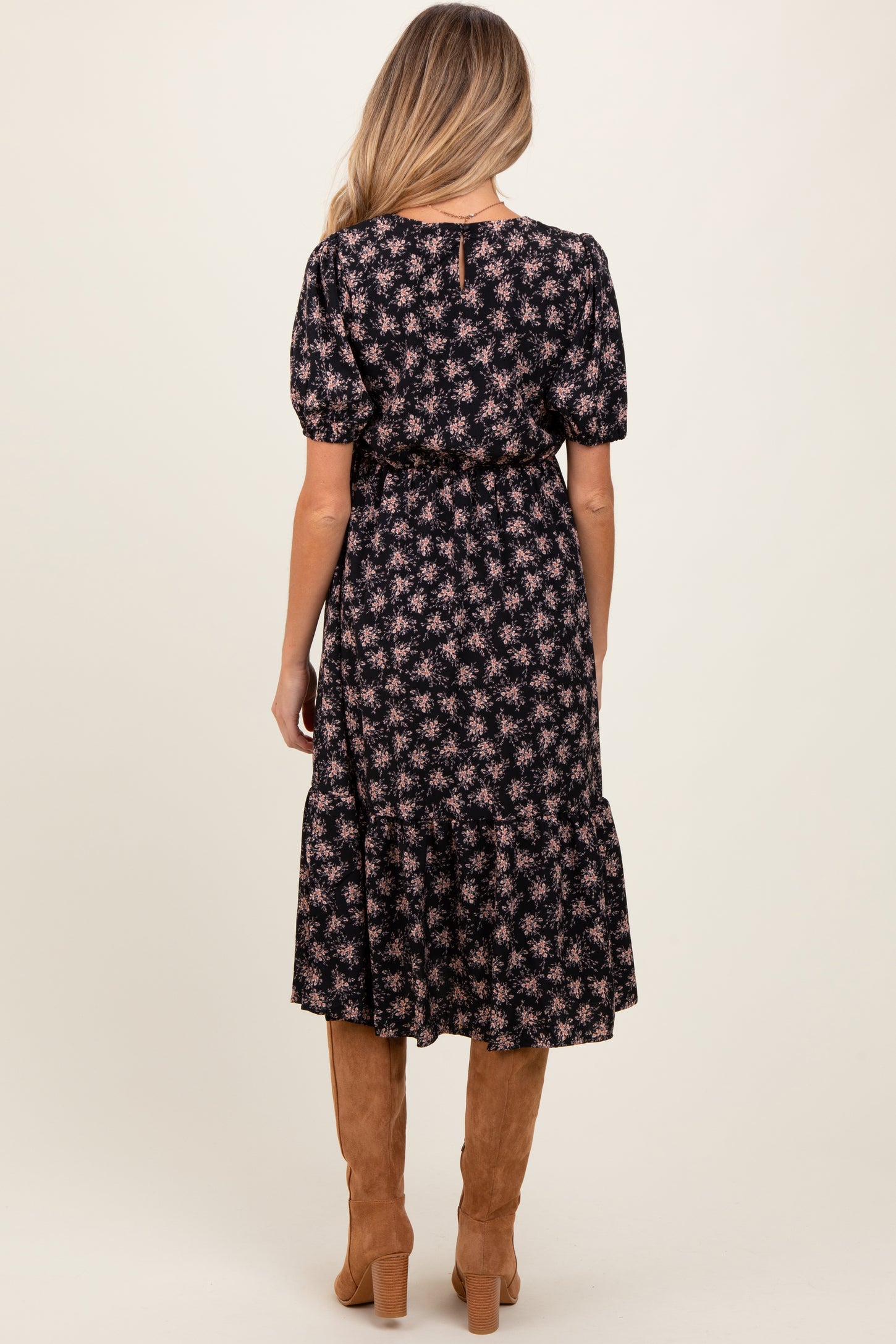 Black Floral Puff Sleeve Smocked Maternity Midi Dress