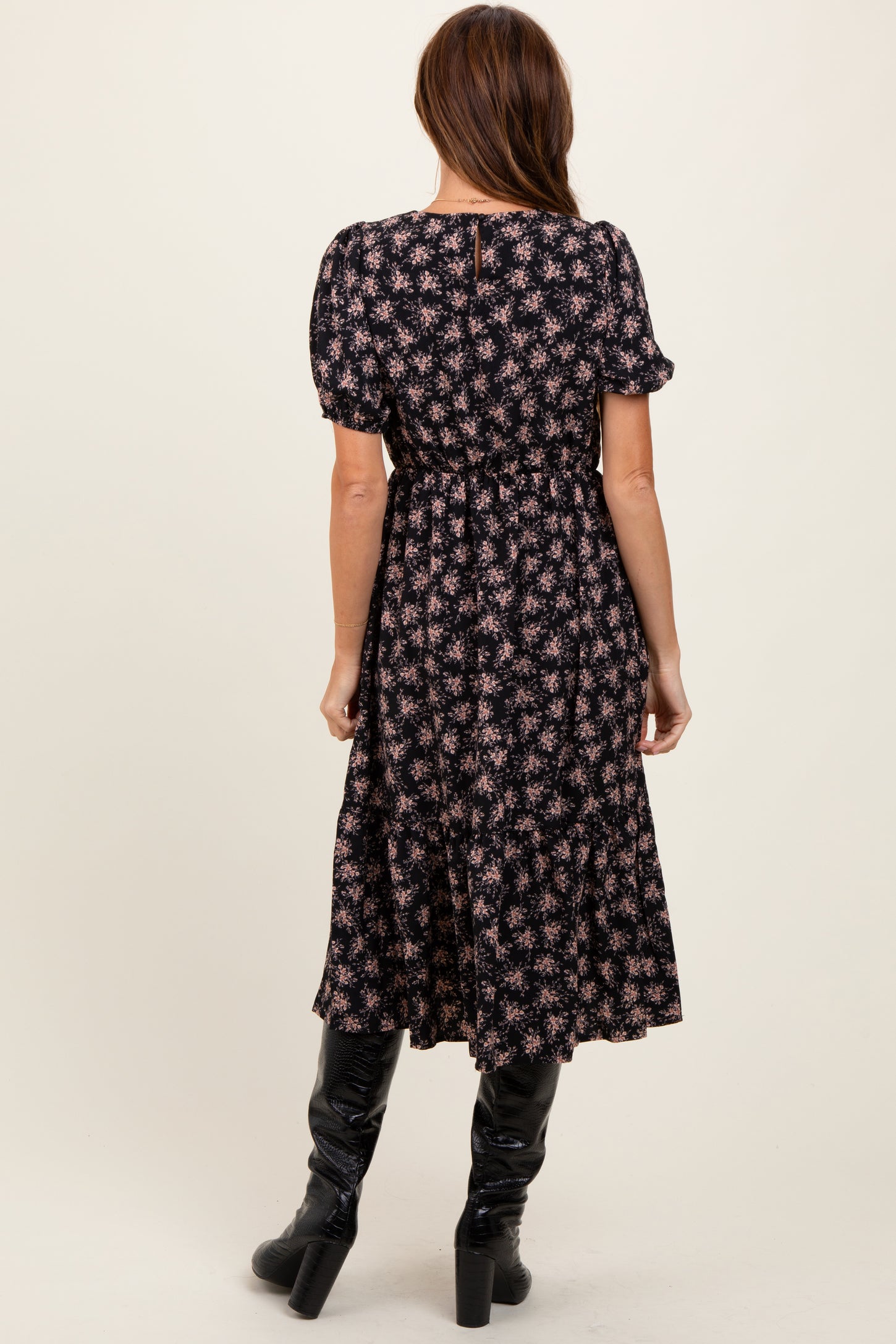 Black Floral Puff Sleeve Smocked Midi Dress
