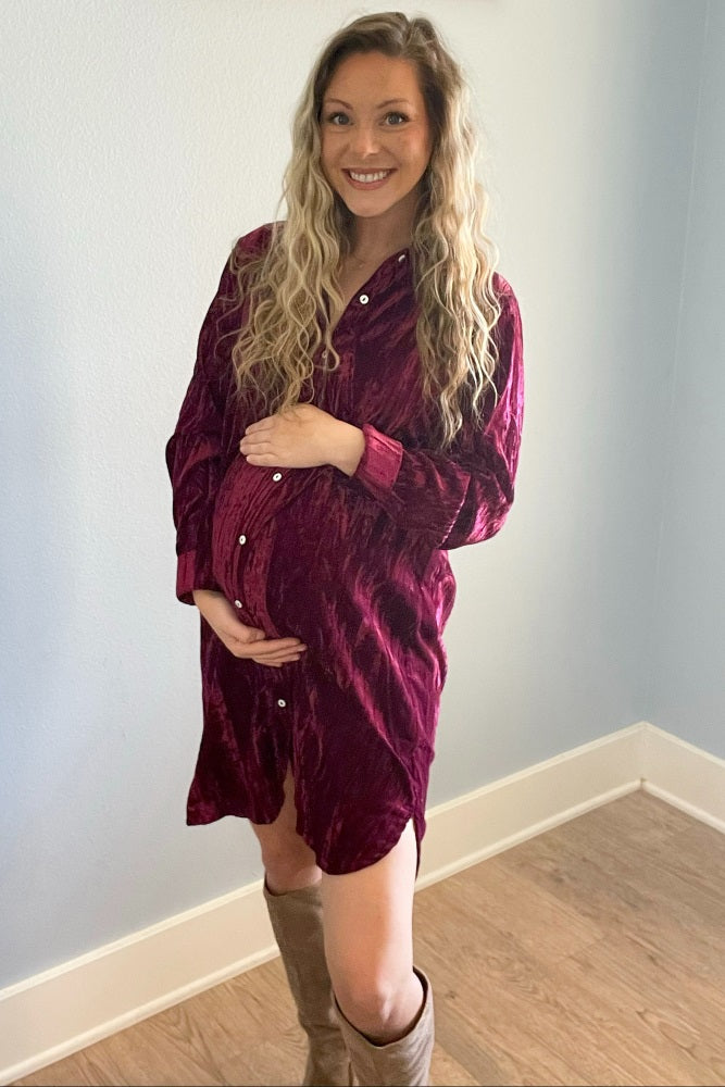 Burgundy Crinkled Velvet Button Down Maternity Shirt Dress