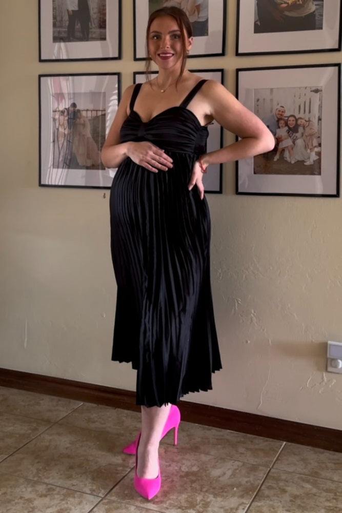 Black Satin Pleated Sweetheart Maternity Midi Dress