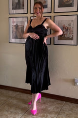 Black Satin Pleated Sweetheart Maternity Midi Dress