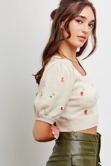 Beige Square Neck Floral Embroidered Sweater