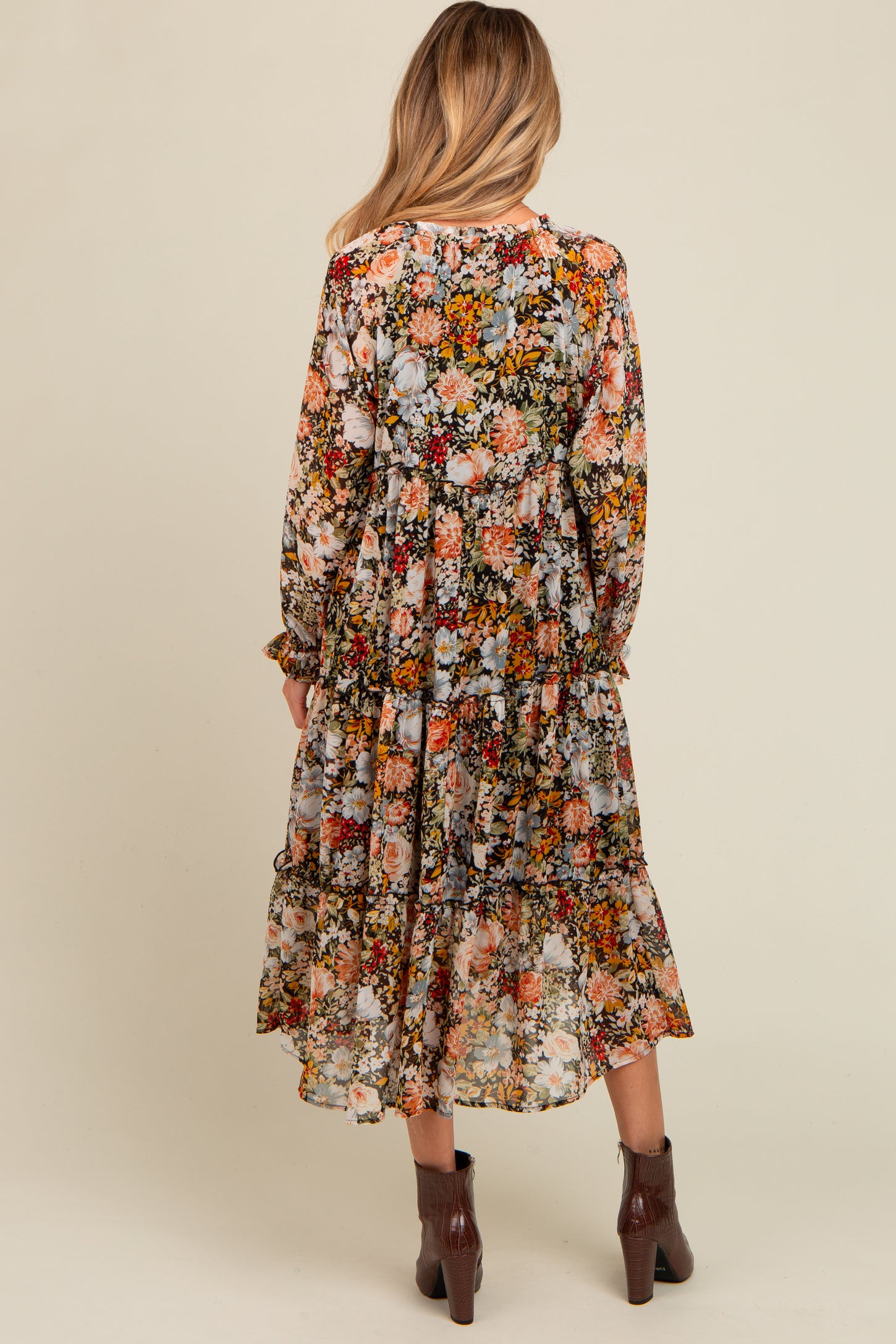 Black Floral Chiffon Front Tassel Tie Maternity Midi Dress