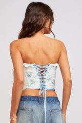 Blue Garden Floral Underwire Corset Back Tie Crop Top