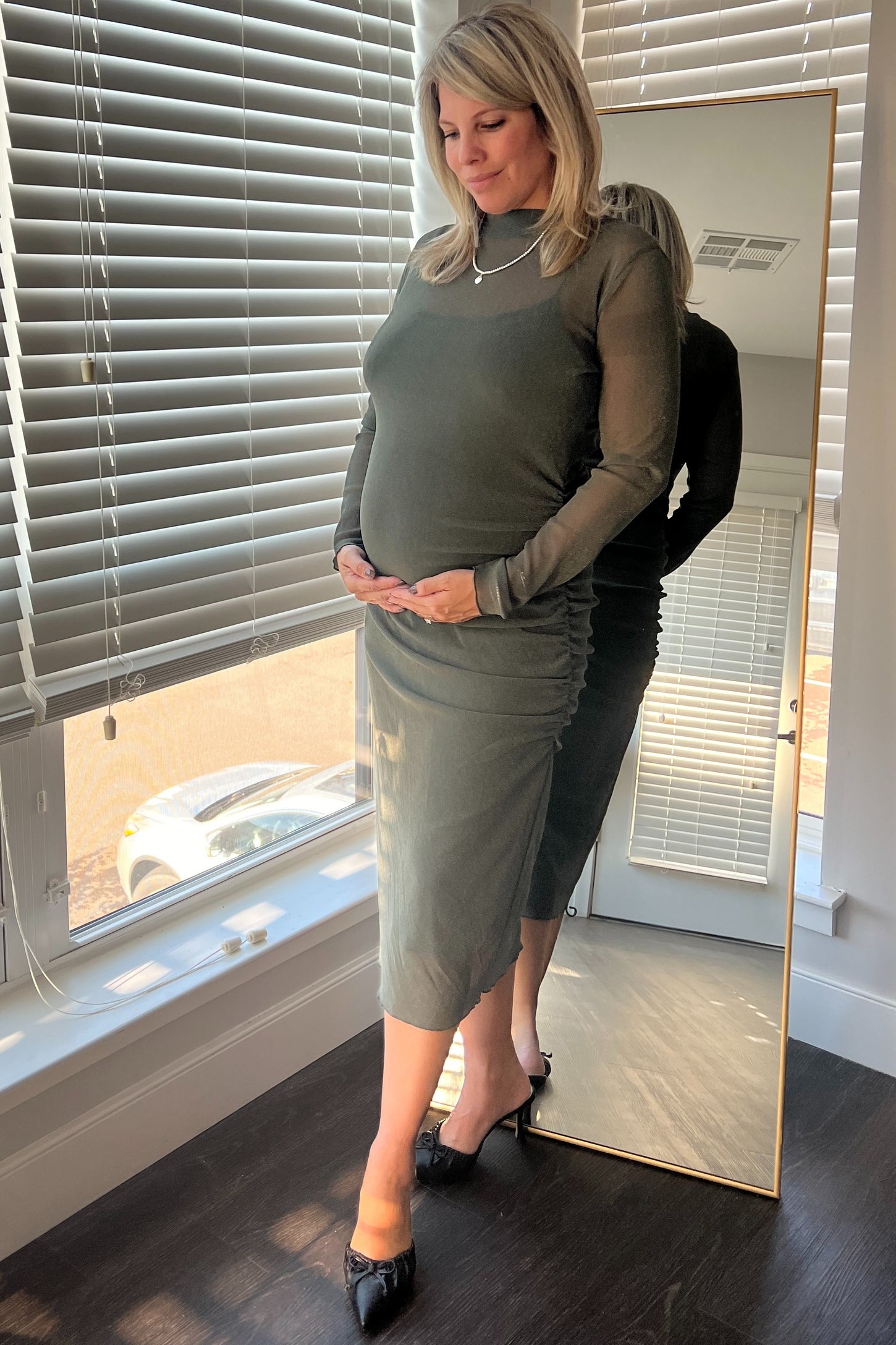 Olive Shimmer Mesh Long Sleeve Ruched Maternity Midi Dress
