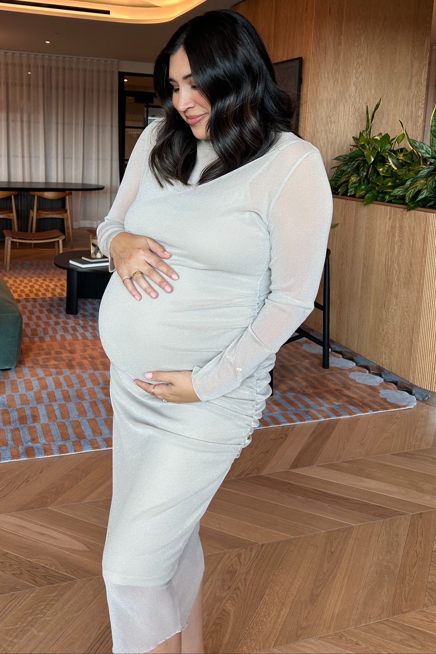 Beige Shimmer Mesh Long Sleeve Ruched Maternity Midi Dress