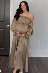 Olive Off Shoulder Satin Pleated Bodice Maternity Maxi Dress