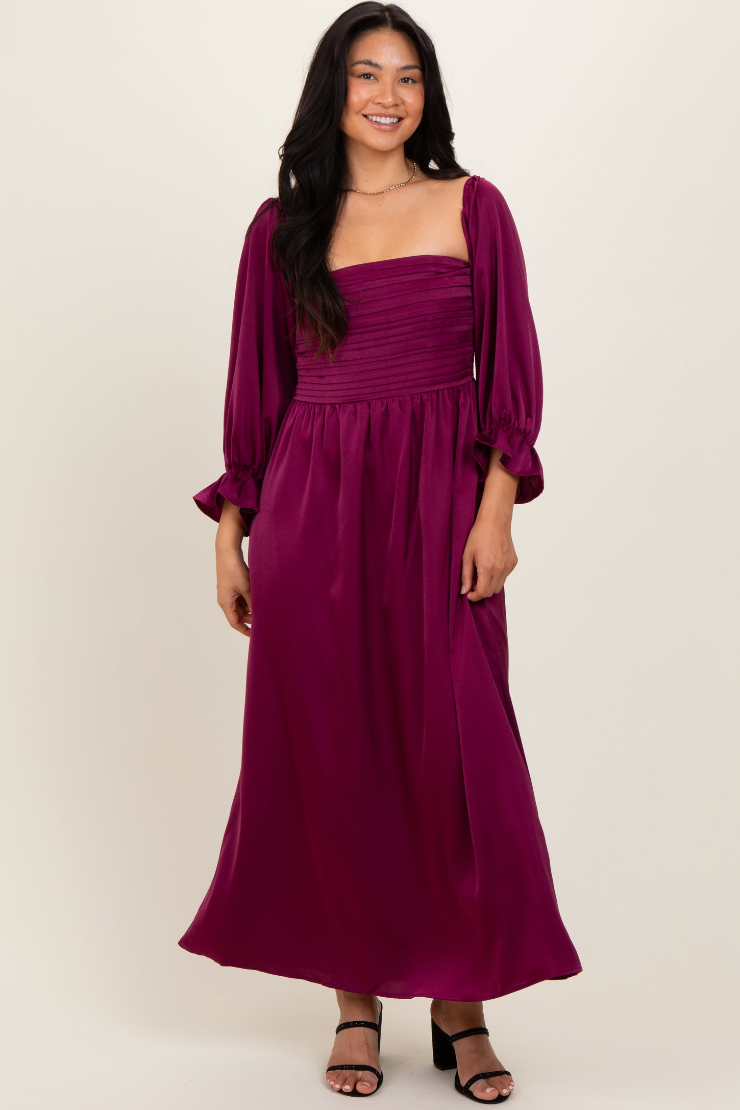 Burgundy Off Shoulder Satin Pleated Bodice Maternity Maxi Dress