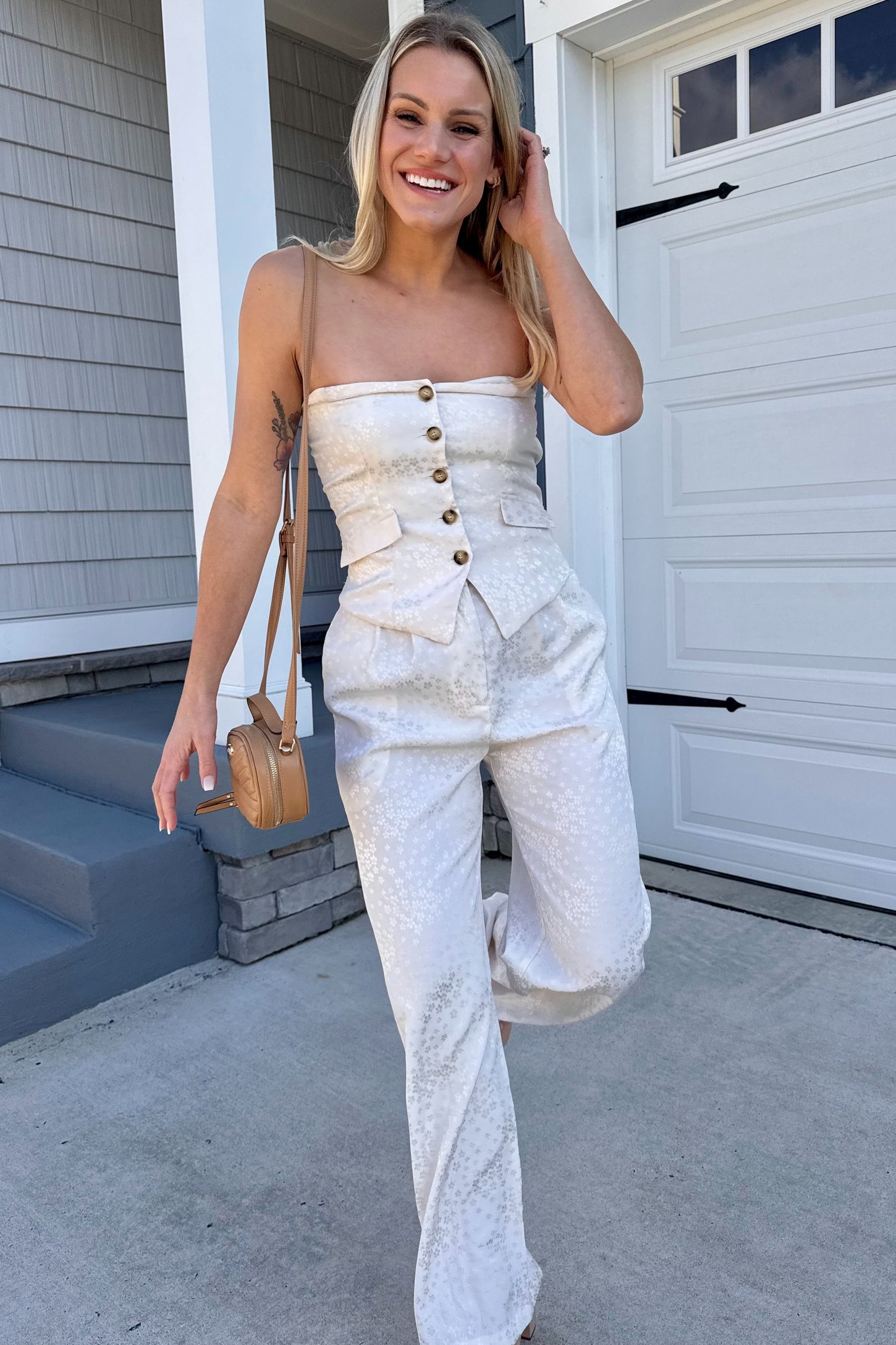 Ivory Beige Tube Vest And High Waisted Satin Long Pants Set