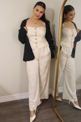 Ivory Beige Tube Vest And High Waisted Satin Long Pants Set