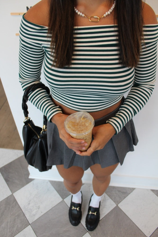 Green Striped Knit Off-The-Shoulder Crop Top