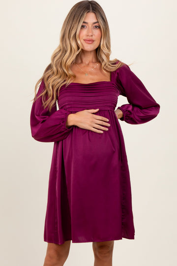 Plum Satin Pleated Detail Bodice Maternity Dress