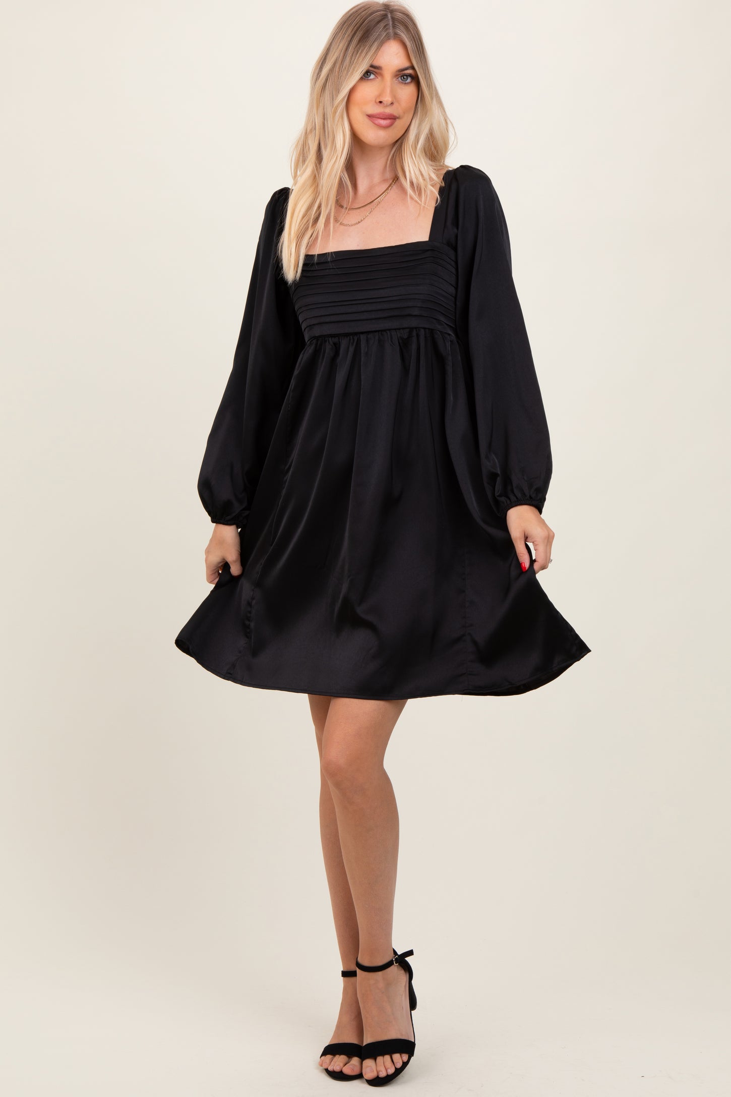 Black Satin Pleated Detail Bodice Maternity Dress