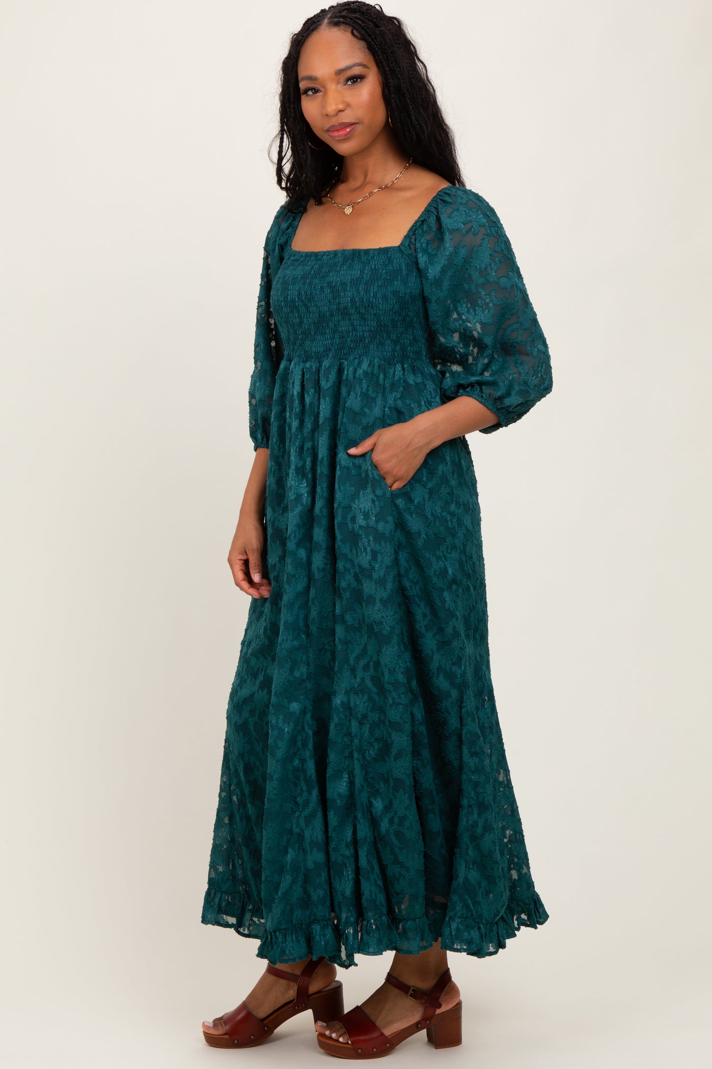 Forest Green Textured Overlay Smocked Ruffled Hem Maxi Dress