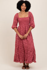 Mauve Textured Overlay Smocked Ruffled Hem Maxi Dress