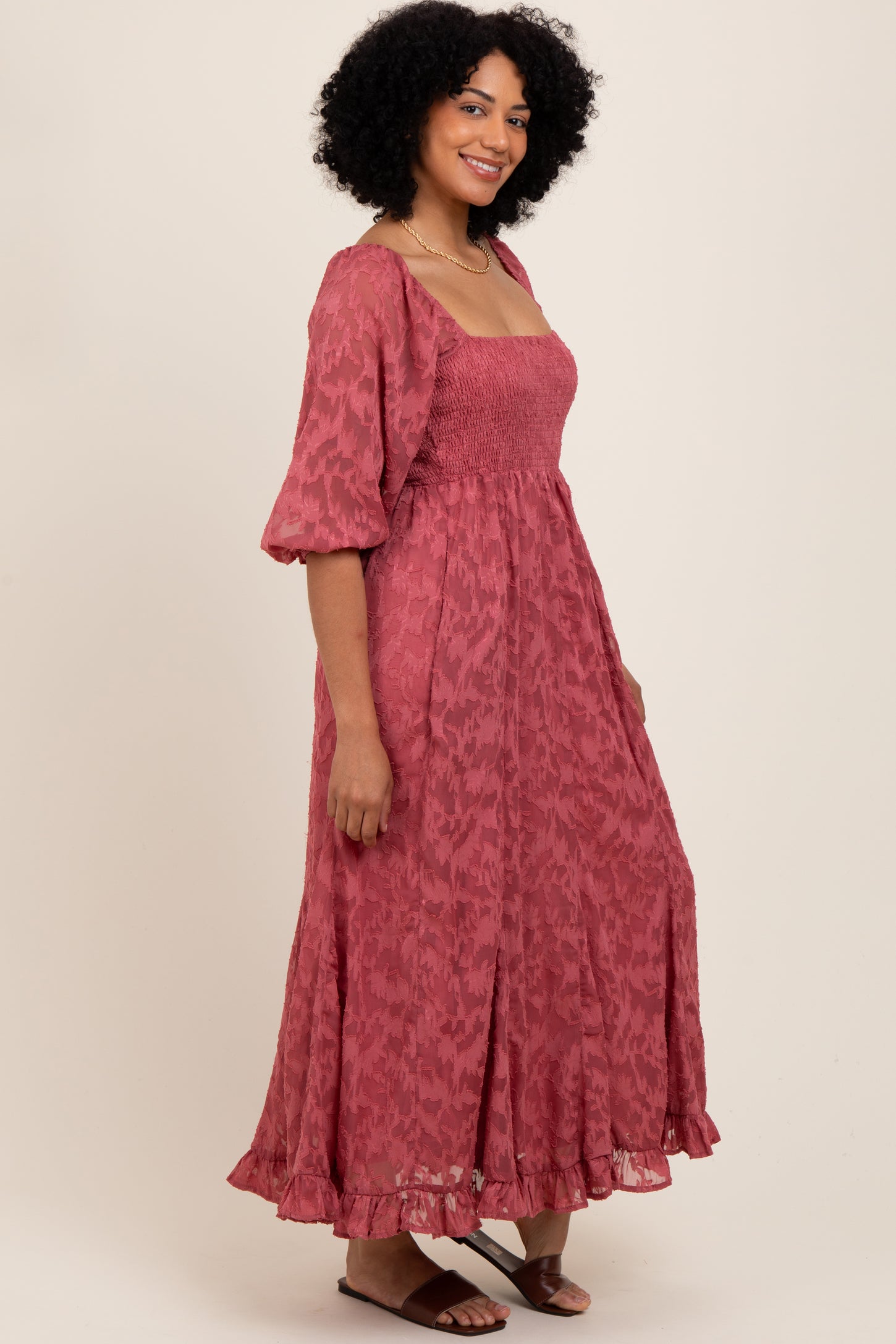 Mauve Textured Overlay Smocked Ruffled Hem Maxi Dress