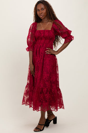 Burgundy Floral Mesh Lace Overlay Maxi Dress