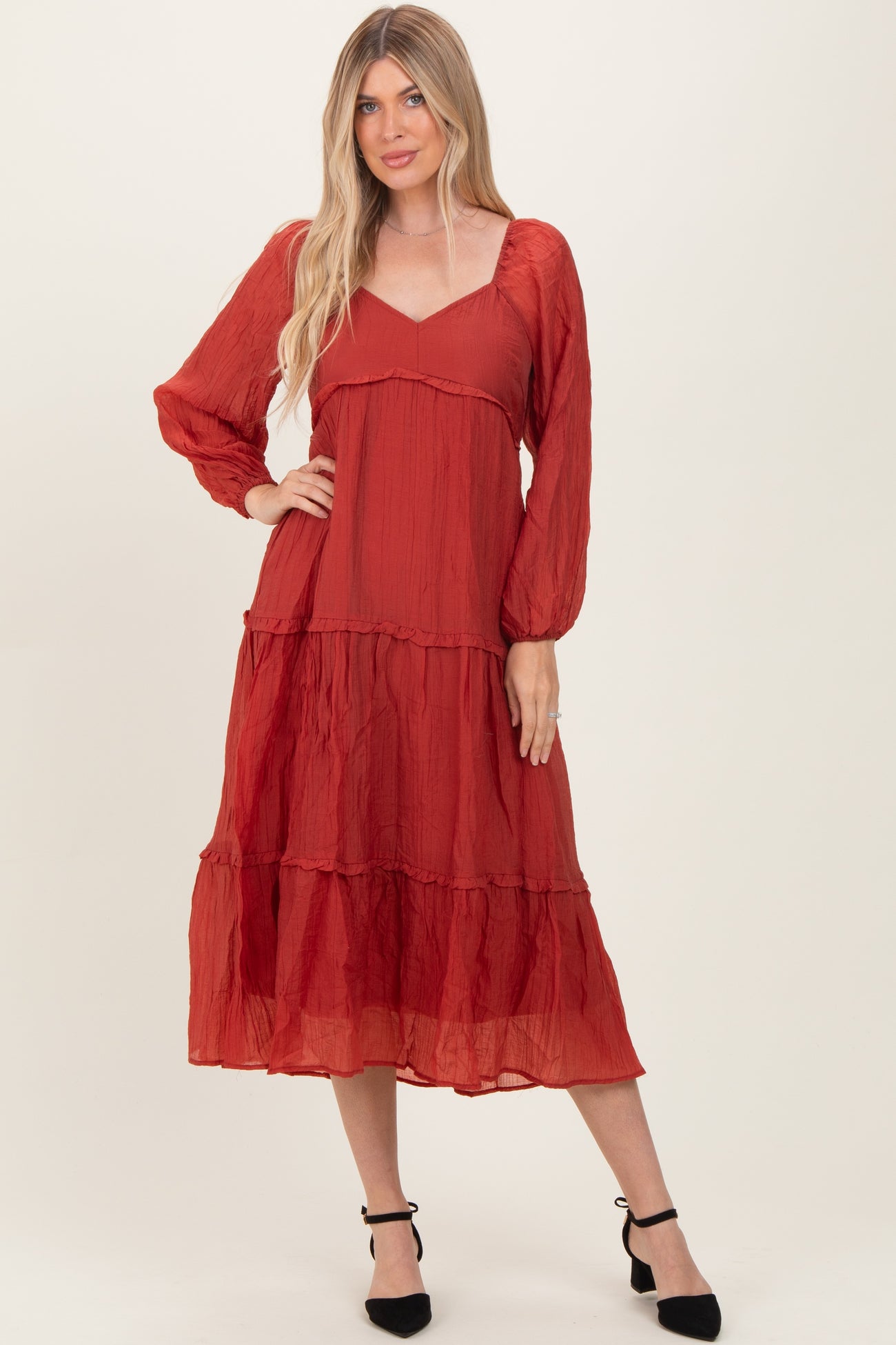 Rust Ruffle Accent Tiered Long Sleeve Maternity Maxi Dress