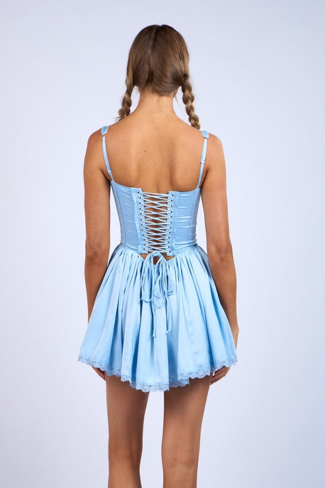 Blue Satin Corset Shape Lace Trim Flare Mini Dress PinkBlush Blue Satin Corset Shape Lace Trim Flare Mini Dress PinkBlush