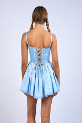Blue Satin Corset Shape Lace Trim Flare Mini Dress