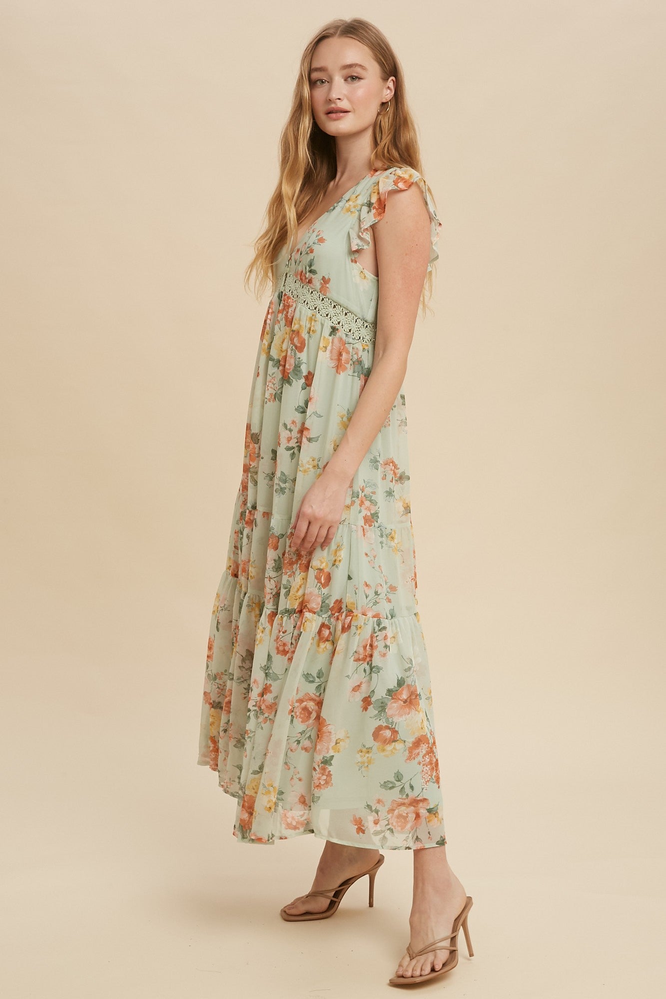 Green Tea Floral Chiffon Flutter Sleeve Maxi Dress