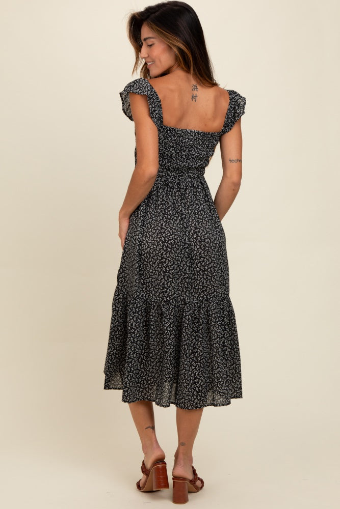 Black Ruffle Strap Smocked Mid Dress