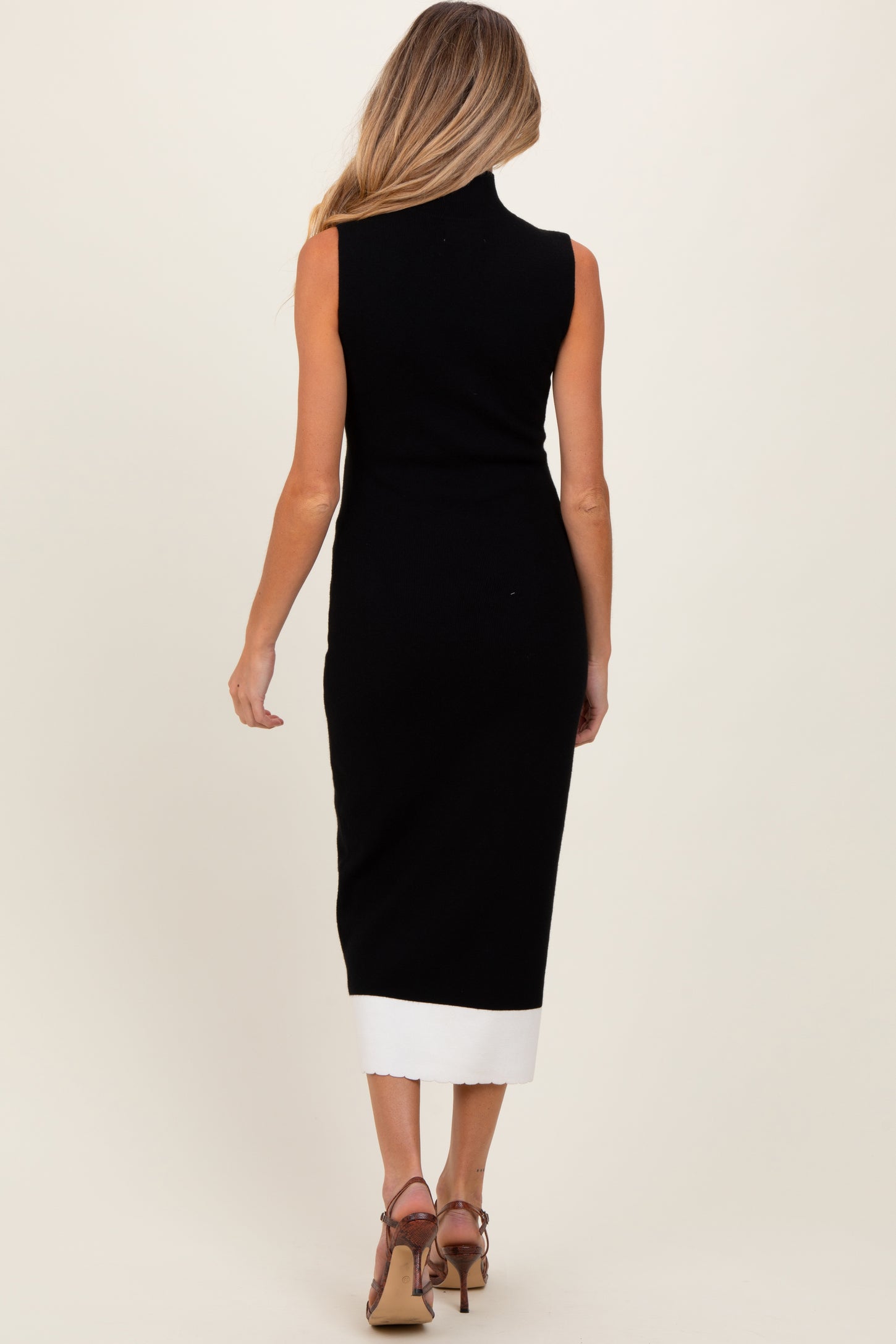 Black Knit Contrast Hem Mock Neck Sleeveless Maternity Midi Dress