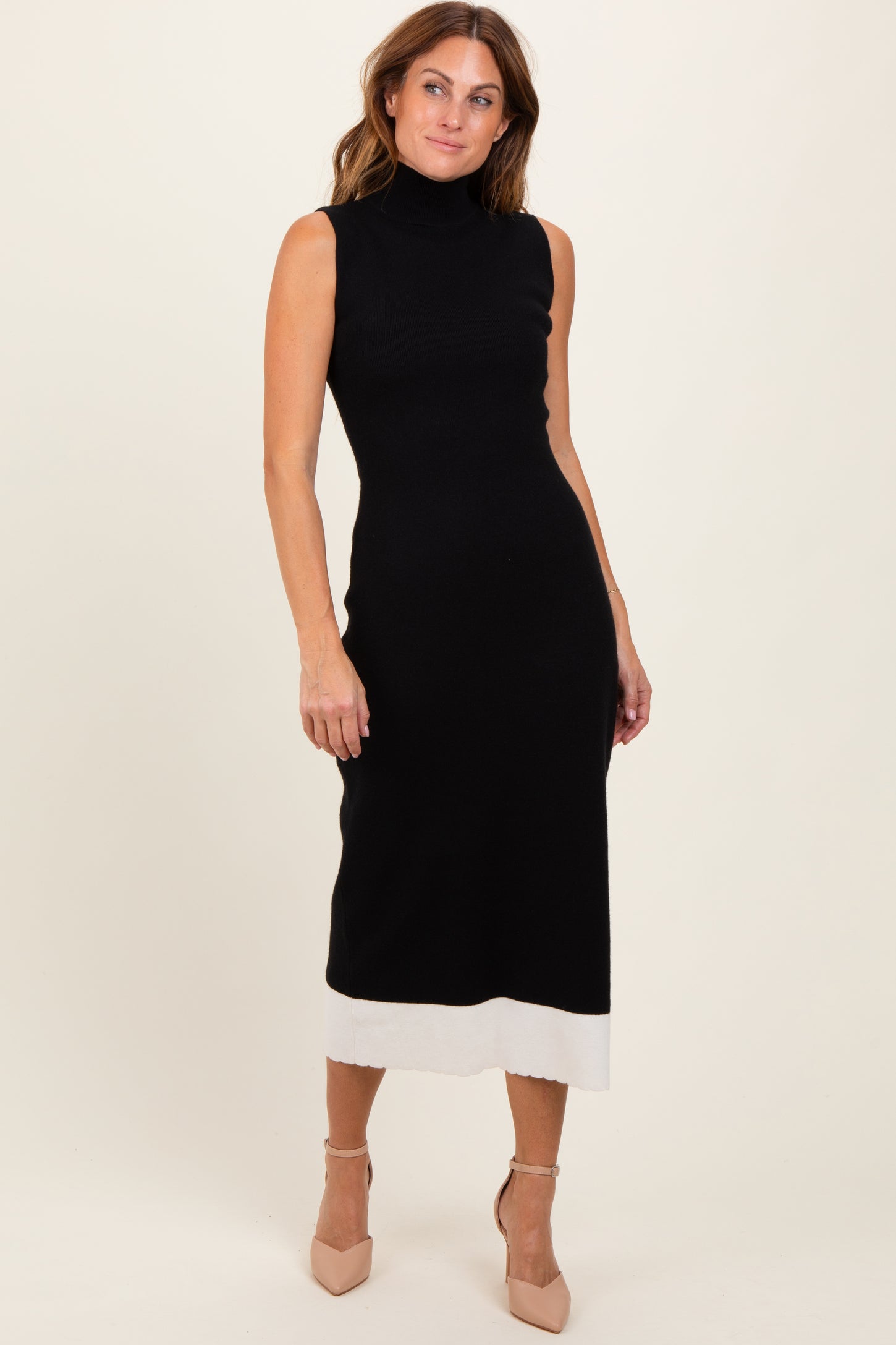 Black Knit Contrast Hem Mock Neck Sleeveless Midi Dress