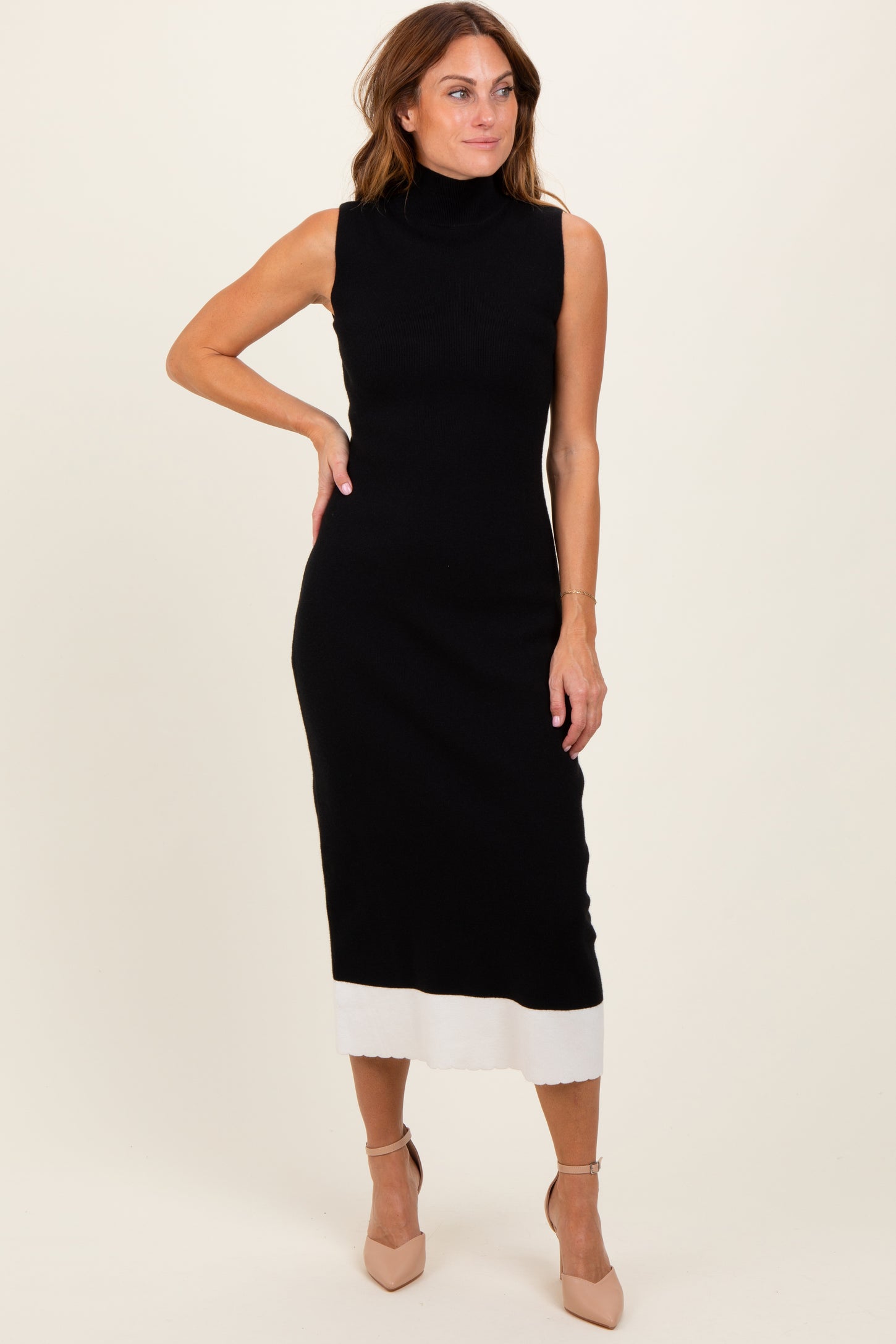 Black Knit Contrast Hem Mock Neck Sleeveless Midi Dress