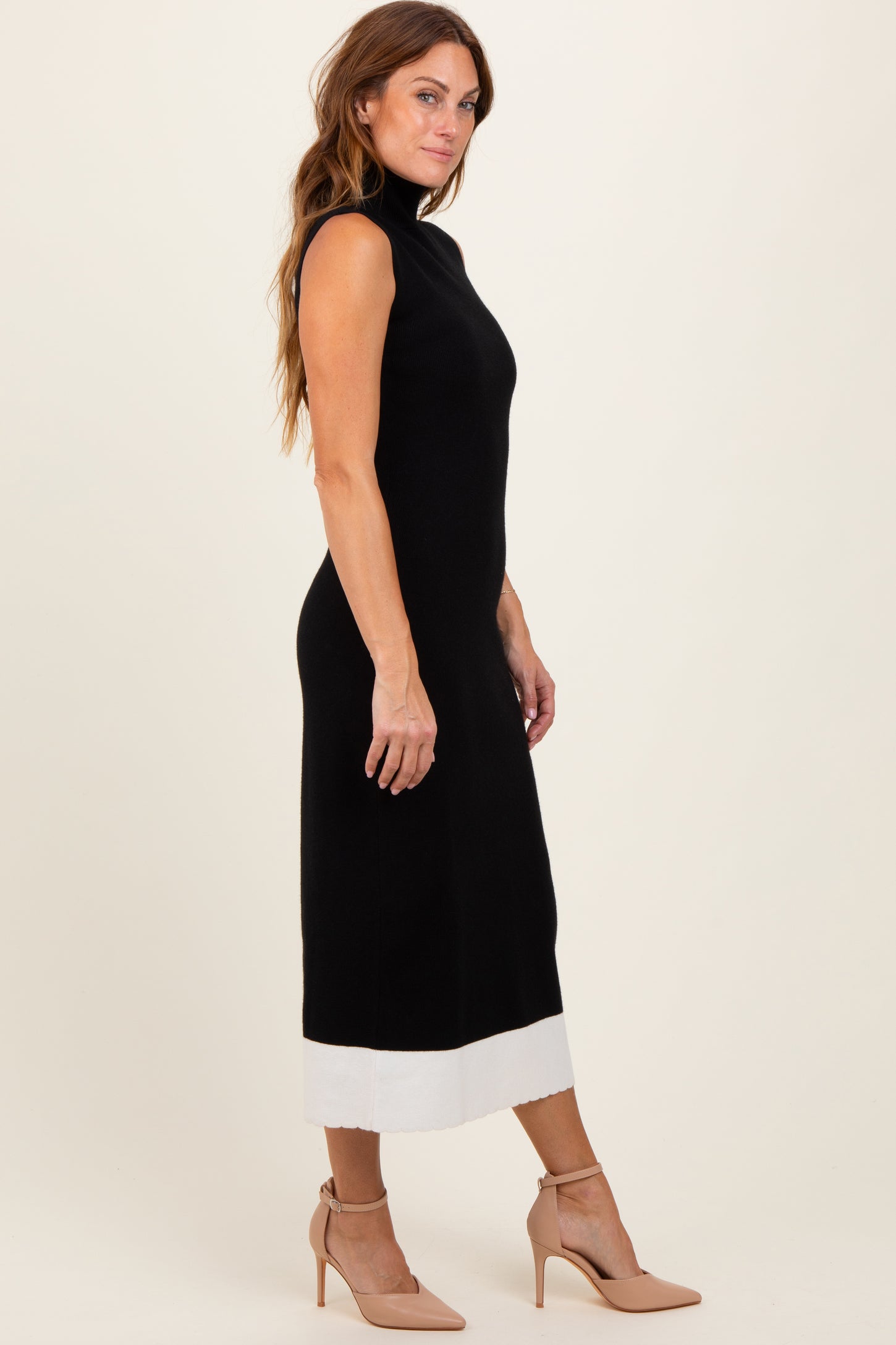 Black Knit Contrast Hem Mock Neck Sleeveless Midi Dress