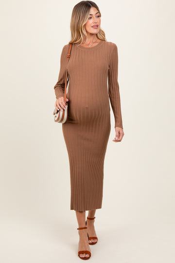 Mocha Ribbed Knit Fitted Maternity Midi Sweater Dress