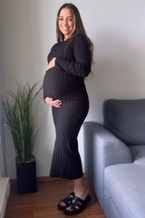 Black Ribbed Knit Fitted Maternity Midi Sweater Dress