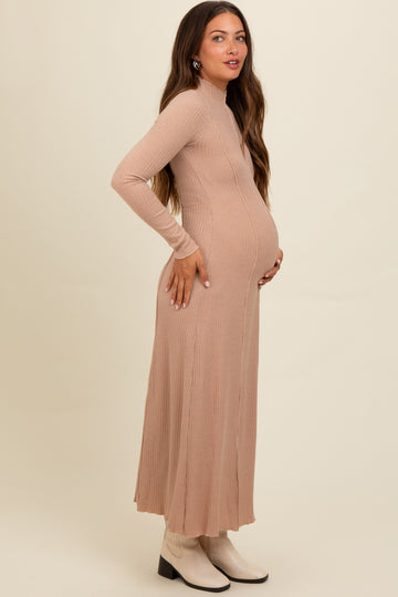 Beige Ribbed Exposed Seam Mock Neck Maternity Dress