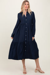 Navy Button Down Long Sleeve Maternity Midi Shirt Dress