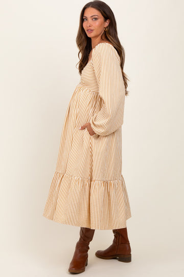 Yellow Striped Ruched Bodice Balloon Sleeved Maternity Midi Dress