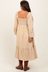 Yellow Striped Ruched Bodice Balloon Sleeved Maternity Midi Dress