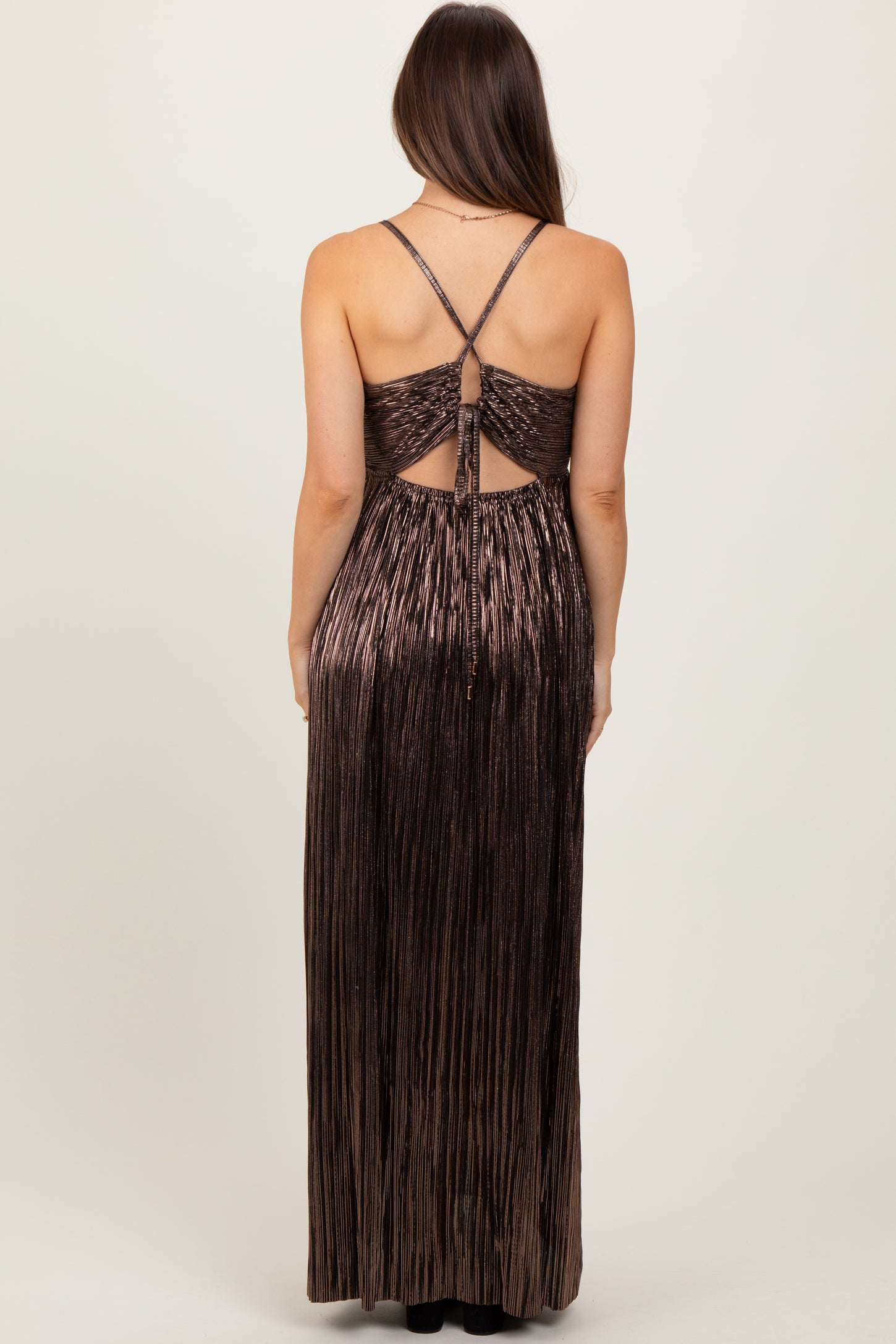 Brown Metallic Deep V-Neck Cutout Tie Back Maternity Maxi Dress Brown Metallic Deep V-Neck Cutout Tie Back Maternity Maxi Dress