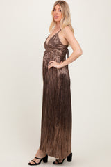 Brown Metallic Deep V-Neck Cutout Tie Back Maxi Dress