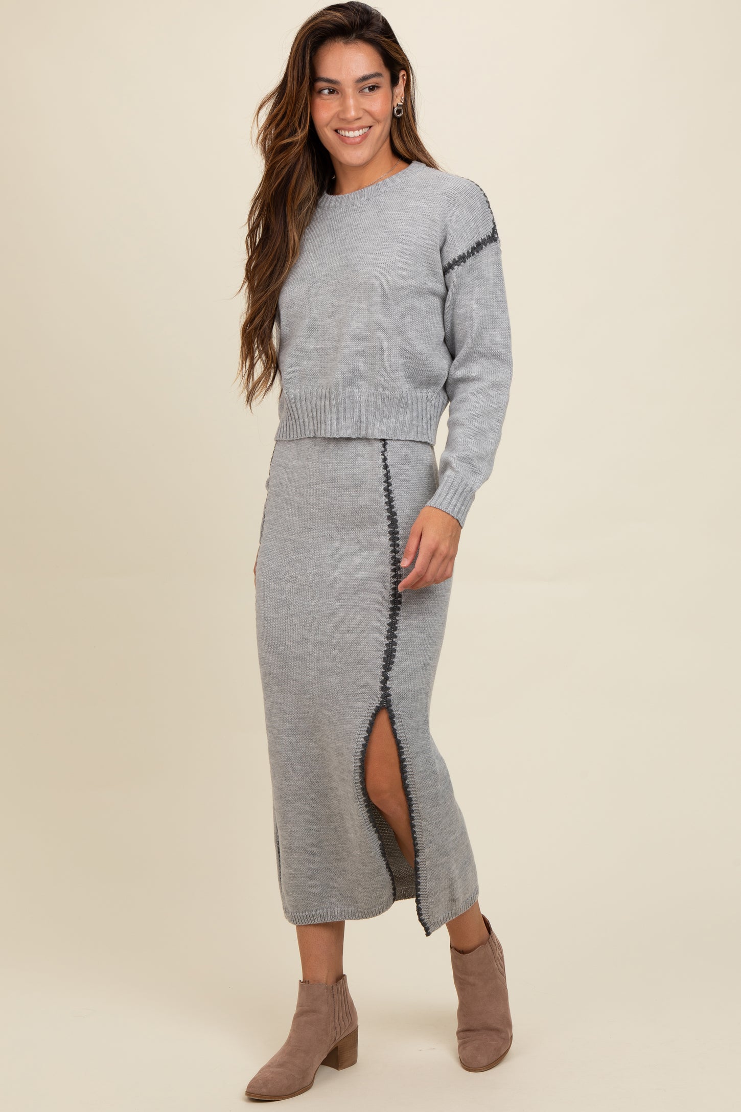 Heather Grey Contrast Stitch Knit Sweater And Maxi Skirt Set