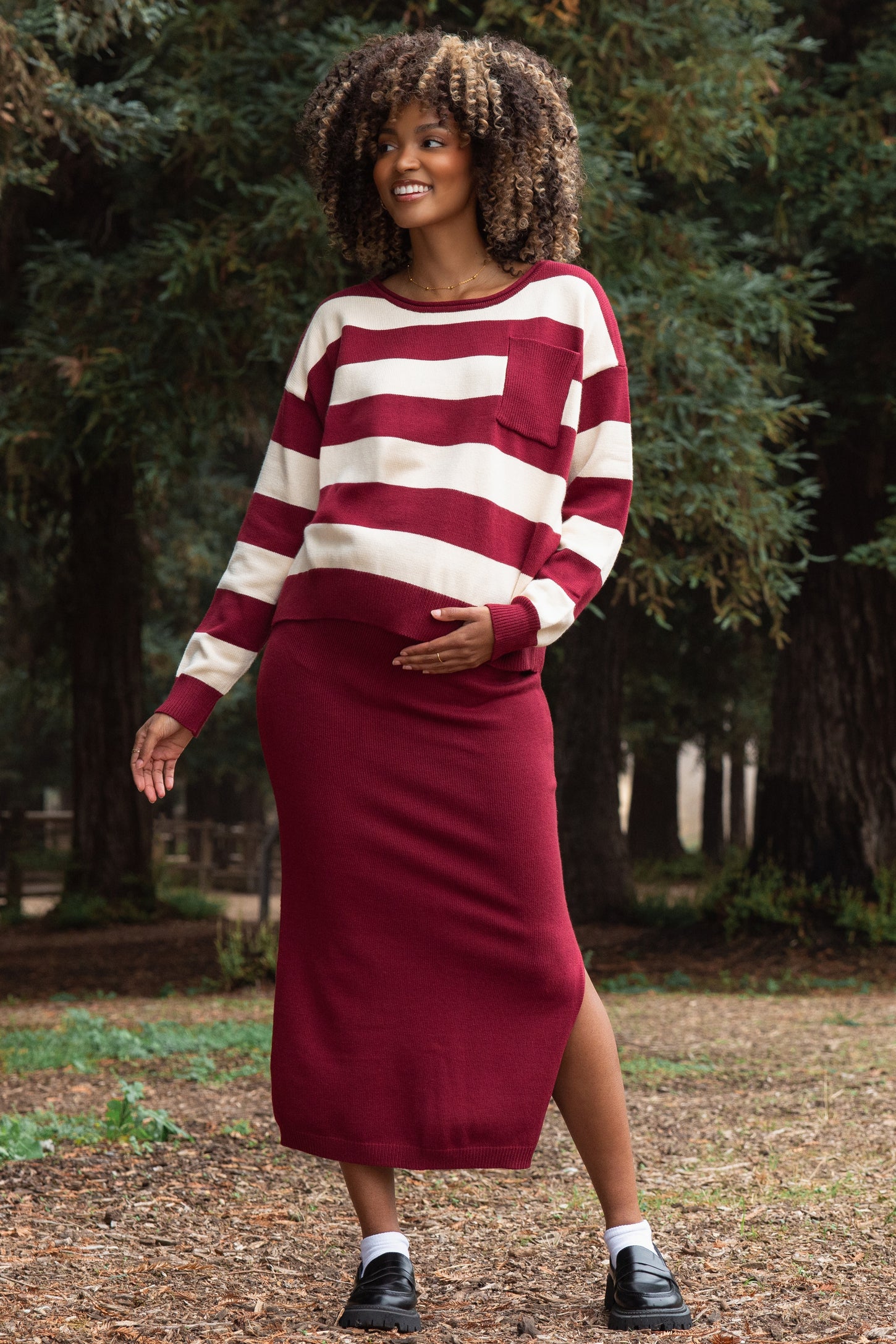 Burgundy Striped Sweater And Fitted Midi Skirt Maternity Set
