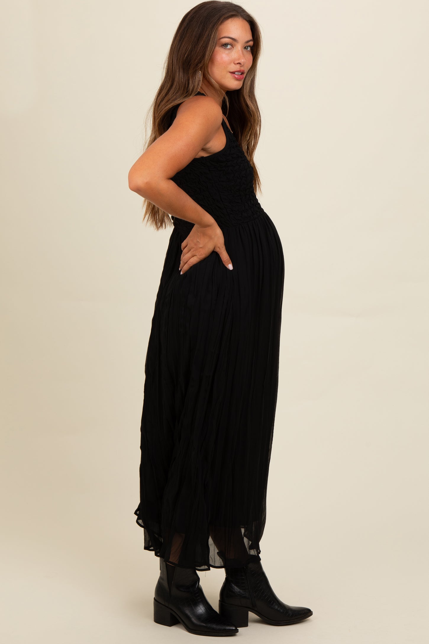 Black Textured Smocked Bodice Sleeveless Maternity Maxi Dress