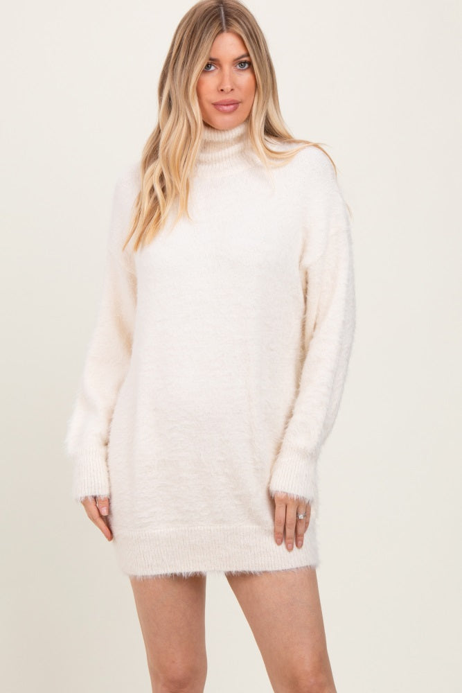 Cream Fuzzy Knit Turtleneck Sweater Mini Dress